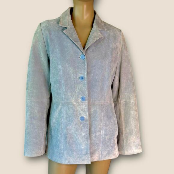 Pursuits Ltd Vintage Suede Leather Buttoned Blazer Jacket Women Size L Pale Blue - Picture 1 of 13
